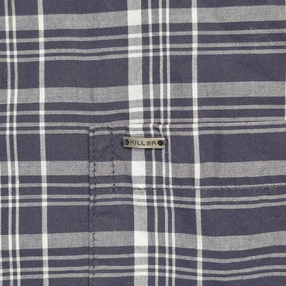 Killer Mens Navy Blue White Plaid Button Down Shirt Long Sleeve Cotton Large